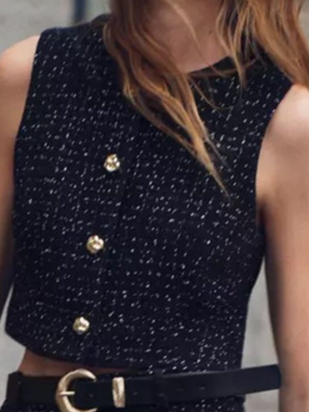 Zara Tweed Cropped Vest Women's Small Black Gold Button Boucle Parisian Luxe - Picture 7 of 7
